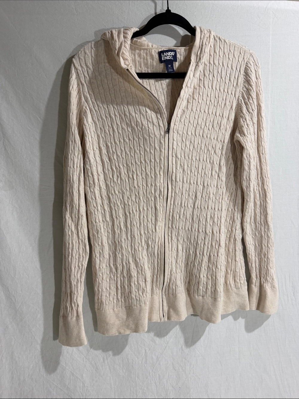 Lands' End Cream Cable-Knit Zip Hoodie Cardigan